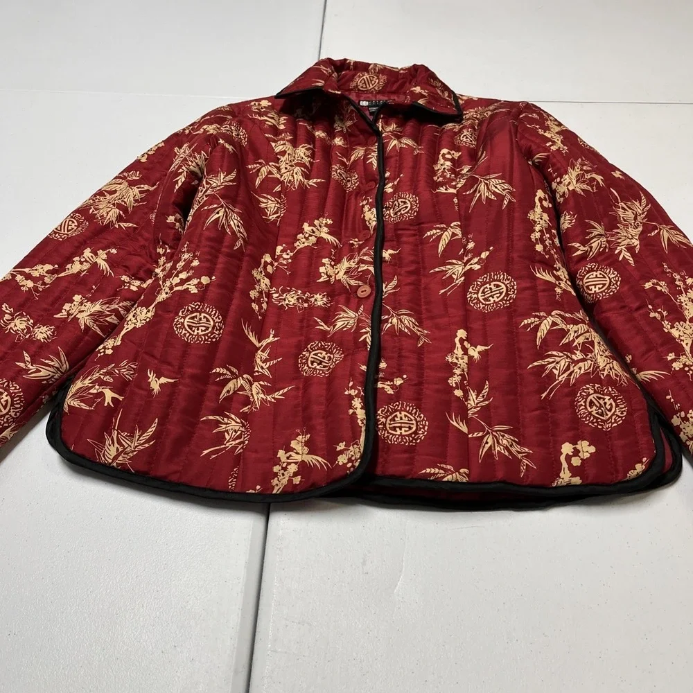 Carole Little Jacket Blazer Red Asian Floral Madarin Print Silk Quilted Size M